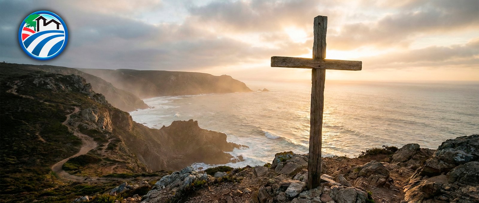 Una cruz en la cima de una montaña al amanecer